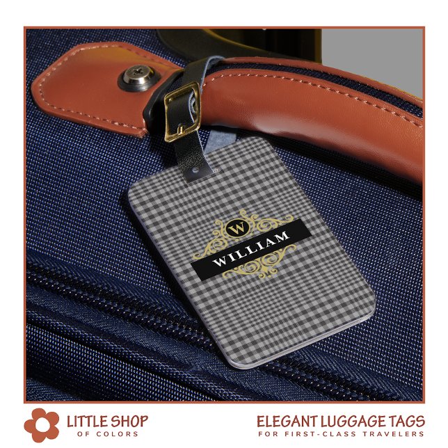 Étiquette À Bagage Élégant monogramme noir gris or plaqué (Créateur téléchargé)