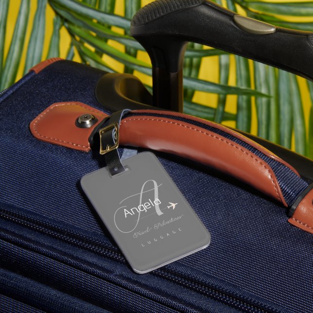 Étiquette À Bagage Élégant Monogramme Nom du voyageur Grey (Insitu Rectoal 1)