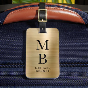 Étiquette À Bagage Élégant Monogramme Or Brossé Métallique