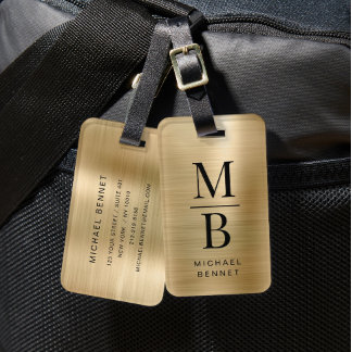 Étiquette À Bagage Élégant Monogramme Or Brossé Métallique