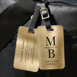 Étiquette À Bagage Élégant Monogramme Or Brossé Métallique Bagages<br><div class="desc">Élégante étiquette de bagage en métal brossé Monogrammé Or.</div>