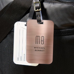 Étiquette À Bagage Élégant Monogrammé Or Rose Métal Brossé