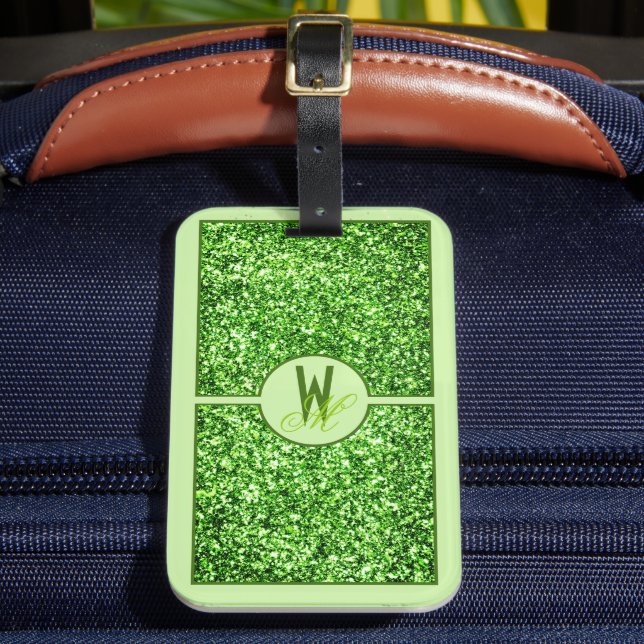 Étiquette À Bagage Élégant Monogramme Pailleté Vert  (Insitu Rectoal 2)