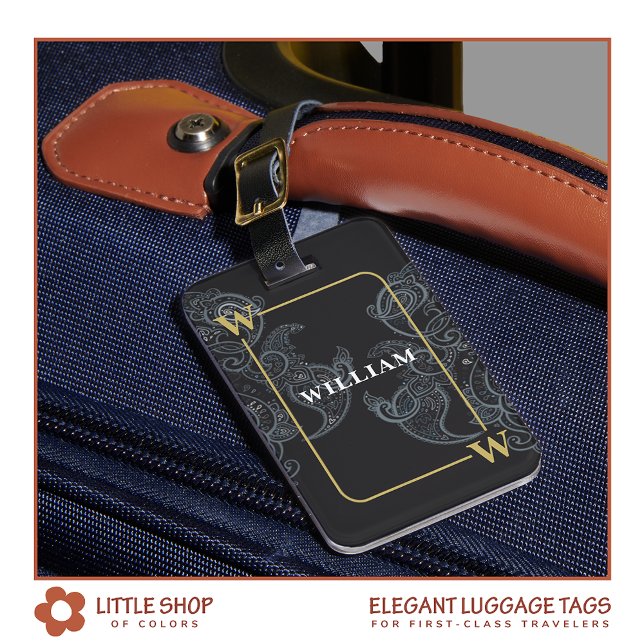 Étiquette À Bagage Élégant monogramme paisley noir et or (Créateur téléchargé)
