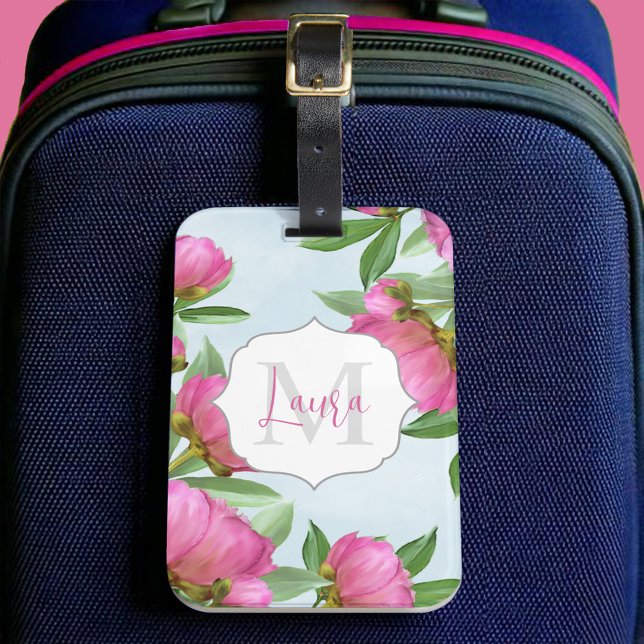 Étiquette À Bagage Élégant Monogramme Pink Botanical Peonies Élégant (Monogram and name pink peonies custom luggage tag.)