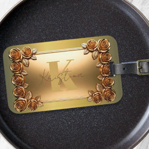 Étiquette À Bagage Élégant Monogramme Rose d'or brossé et de bronze