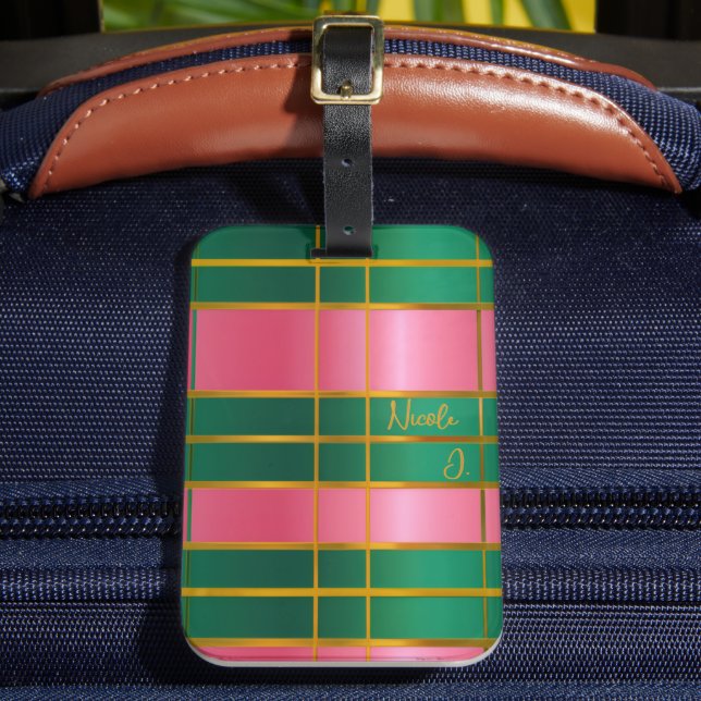 Étiquette À Bagage Élégant Monogrammé Rose et Vert Gras, Or (Insitu Rectoal 2)