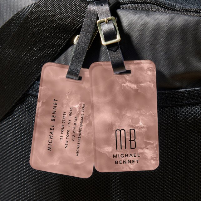 Étiquette À Bagage Élégant Monogramme Rose Gold (Elegant Monogrammed Rose Gold Luggage Tag)