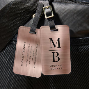 Étiquette À Bagage Élégant Monogrammé Rose Gold Métal Brossé