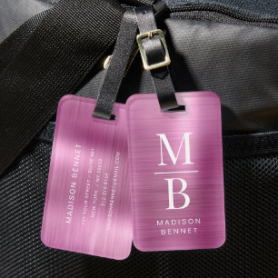 Étiquette À Bagage Élégant Monogramme Rose Métallisé Brossé