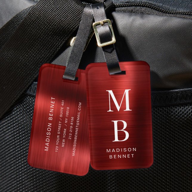 Étiquette À Bagage Élégant Monogramme Rouge (Elegant Monogrammed Red Luggage Tag)