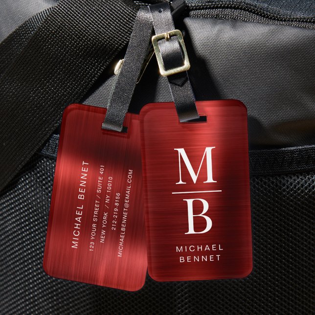 Étiquette À Bagage Élégant Monogramme Rouge brossé Métallique (Elegant Monogrammed Red Brushed Metallic Luggage Tag)