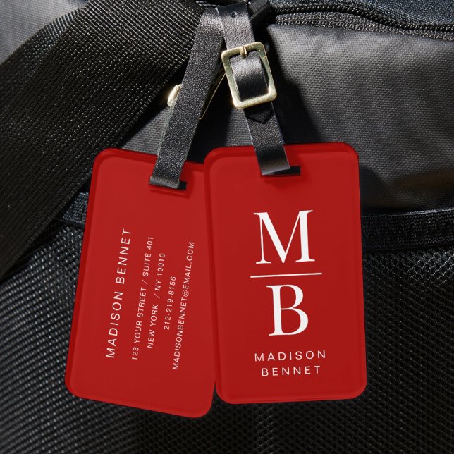 Étiquette À Bagage Élégant Monogramme Rouge Et Blanc (Elegant Monogram Red And White Luggage Tag)