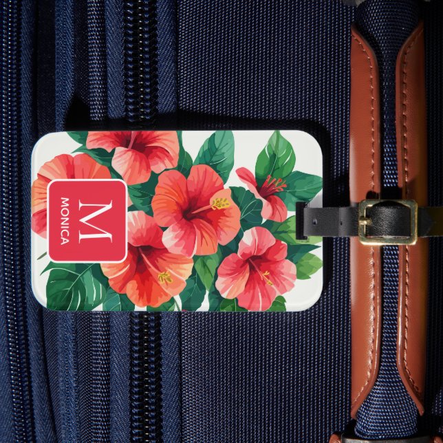 Étiquette À Bagage Élégant monogramme rouge Hawaii Hibiscus Tropical (Insitu Rectoal 4)