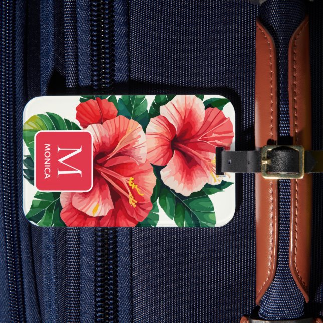 Étiquette À Bagage Élégant monogramme rouge Hawaii Hibiscus Tropical (Insitu Rectoal 4)