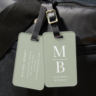 Étiquette À Bagage Élégant Monogramme Sage Green