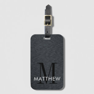 Étiquette À Bagage Élégant Monogramme Script Black Brossé Métal 