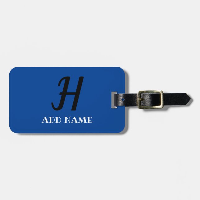 Étiquette À Bagage Élégant Monogramme Script Modern Blue Ajouter un n (Devant horizontal)