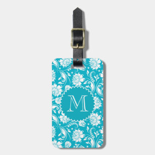 Étiquette À Bagage Elégant monogramme Turquoise & Blanc Floral Damask