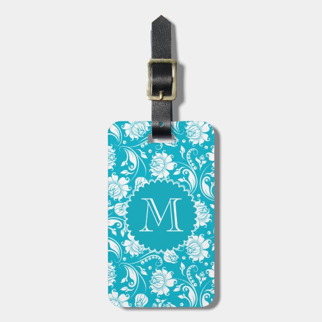 Étiquette À Bagage Elégant monogramme Turquoise & Blanc Floral Damask (Devant Vertical)