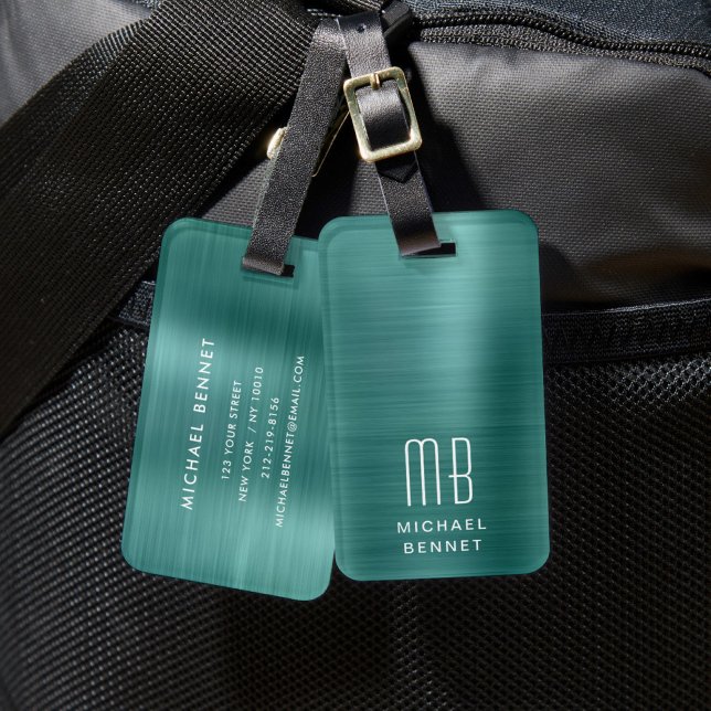 Étiquette À Bagage Élégant Monogramme vert (Elegant Monogram Green Luggage Tag)
