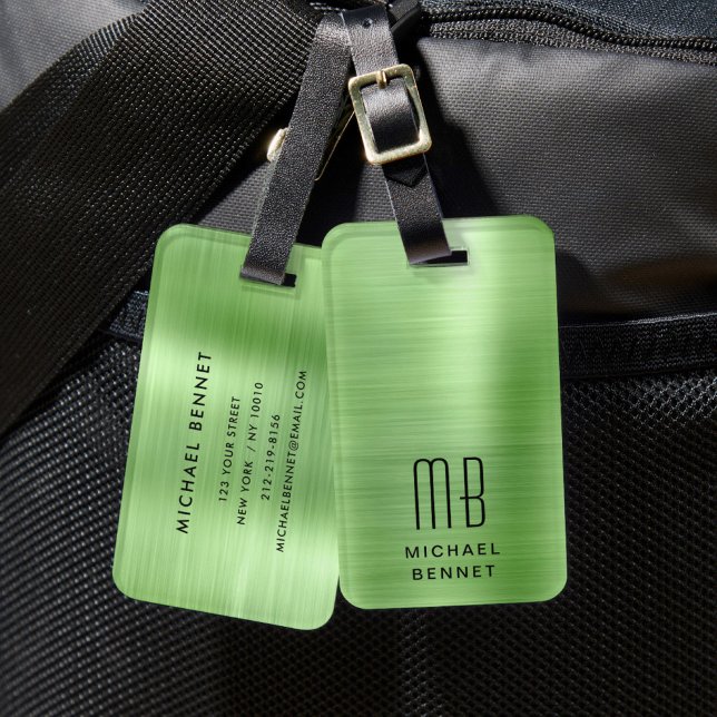 Étiquette À Bagage Élégant Monogramme Vert (Elegant Monogrammed Green Luggage Tag)