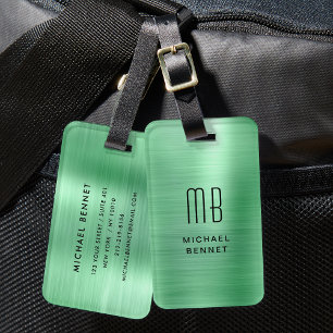 Étiquette À Bagage Élégant Monogramme Vert Brossé Métal