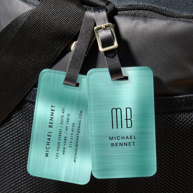 Étiquette À Bagage Élégant Monogrammé Vert Sarcelle Métal Brossé (Elegant Monogrammed Teal Green Brushed Metal Luggage Tag)