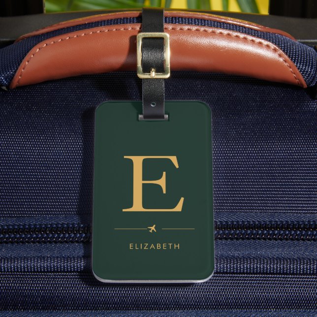 Étiquette À Bagage Élégant Monogramme Vertical Chasse Vert & Or (Insitu Rectoal 2)