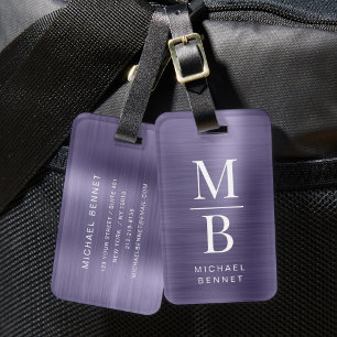 Étiquette À Bagage Élégant Monogramme violet brossé métal