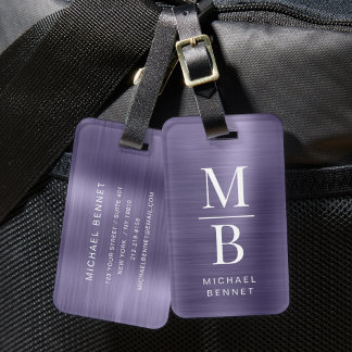 Étiquette À Bagage Élégant Monogramme violet brossé métal