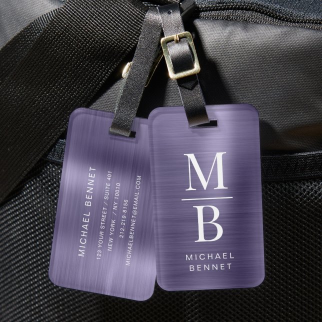 Étiquette À Bagage Élégant Monogramme violet brossé métal (Elegant Monogrammed Purple Brushed Metallic Luggage Tag)