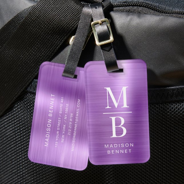 Étiquette À Bagage Élégant Monogramme violet brossé métal (Elegant Monogram Purple Brushed Metallic Luggage Tag)