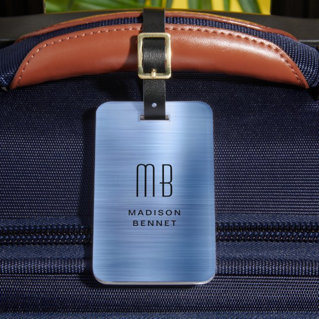 Étiquette À Bagage Elegant Monogrammed Blue Brushed Metallic (Insitu Rectoal 2)