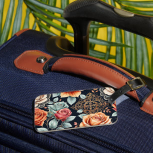 Étiquette À Bagage Élégant motif damassé floral or rose marine