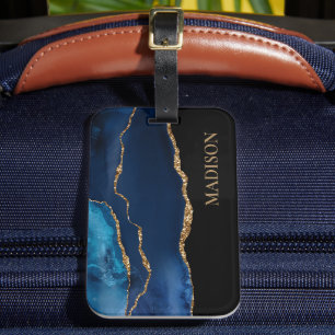 Étiquette À Bagage Élégant Navy Blue Gold Pailleté Noir Prénom