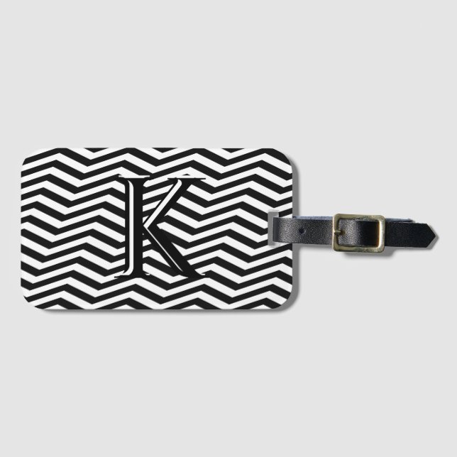 Étiquette À Bagage Élégant noir blanc Chevron Stripe Monogramme perso (Devant Horizontal)