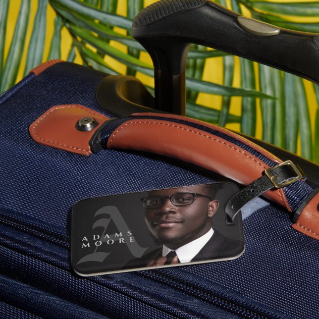 Étiquette À Bagage Élégant noir et blanc classique Monogramme photo (Insitu Rectoal 3)