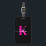 Étiquette À Bagage Élégant Noir Hot Rose Script Monogramme<br><div class="desc">Cette étiquette simple et élégante de bagage noir avec votre prénom dans une police de script tendance en blanc tapé sur votre première initiale dans une police casquette moderne en rose chaud d'un côté et une diapositive dans la carte pour votre nom, adresse et numéro de téléphone de l'autre serait...</div>