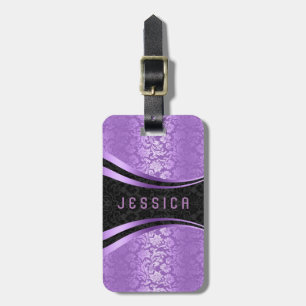 Étiquette À Bagage Élégant noir & lavande Motif de Damas florales