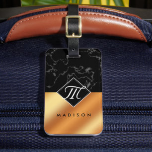 Étiquette À Bagage Élégant noir marbre et cuivre Script Monogramme