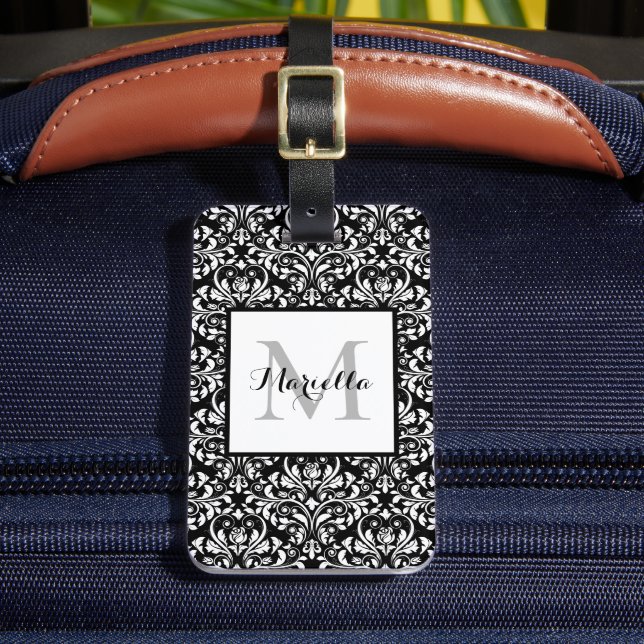 Étiquette À Bagage Élégant noir noir noir Monogramme Damas personnali (Insitu Rectoal 2)