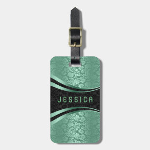 Étiquette À Bagage Élégant noir & vert Motif de Damas Florales