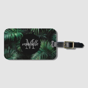 Étiquette À Bagage Élégant noir vert Tropical Palm Feuilles Monogramm