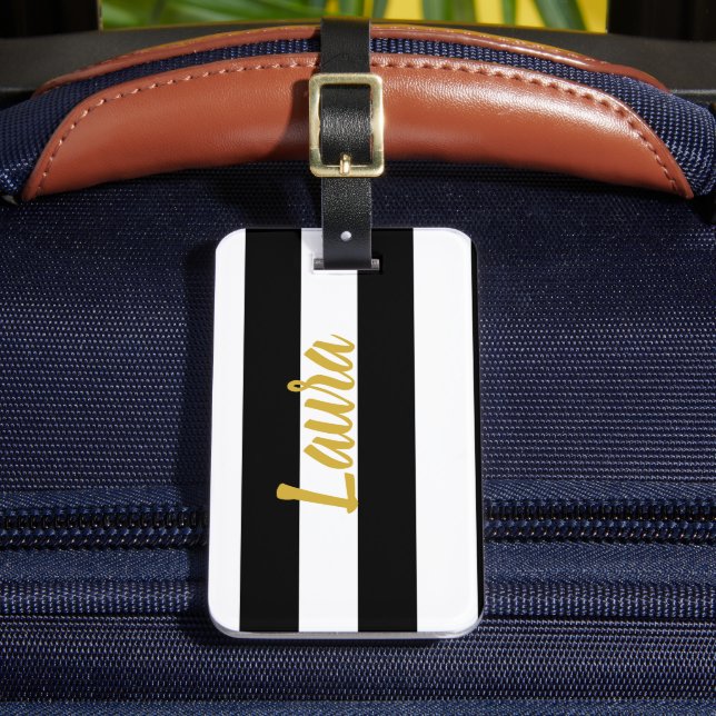 Étiquette À Bagage Élégant nom de script or noir et blanc rayé (Insitu Rectoal 2)