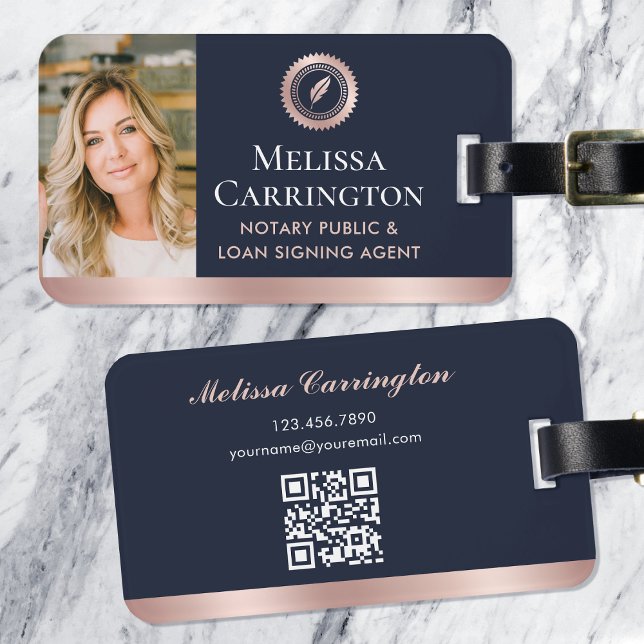 Étiquette À Bagage Élégant Notaire Public Photo Rose Rose Or Bleu (Créateur téléchargé)