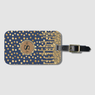 Étiquette À Bagage Elégant or et bleu Monogram Bling Glam élégant
