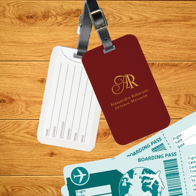Étiquette À Bagage Élégant or et vin rouge Monogramme (Créateur téléchargé)