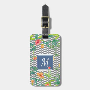 Étiquette À Bagage Élégant Orange Floral Chevron Chic Blue Monogram
