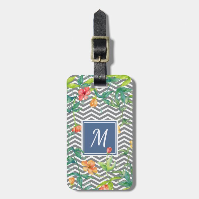 Étiquette À Bagage Élégant Orange Floral Chevron Chic Blue Monogram (Devant Vertical)